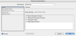 The General pane of the Character Style Options dialogue, showing no additional character attributes as a part of this character style.